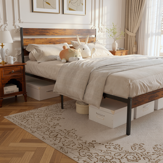 Sunvega Queen Size Rustic Wood Headboard and Footboard Iron Platform Bed Frame