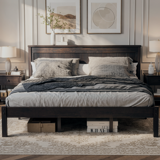 Sunvega Sturdy Wood Platform Bed Frame with Headboard for Queen Size Oak Finish