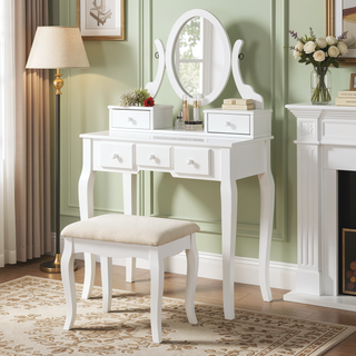 Sunvega Adjustable Oval Wooden Frame Vanity Table with Mirror and Stool