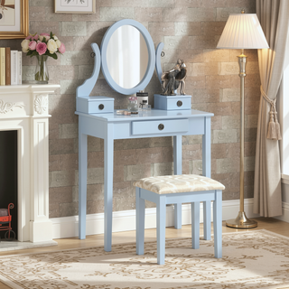 Sunvega Pink Wood Makeup Vanity Table and Stool Set with Mirror and Storage Drawers