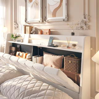 Sunvega King Floating Bed Frame with LED Light and Charging Station Upholstered Platform