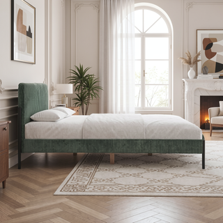 Sunvega Queen Upholstered Bed with Channeled Headboard and Sturdy Metal Frame