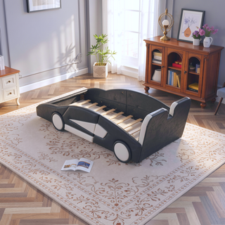 Sunvega Twin Size White Race Car Platform Bed with Wheels for Kids Bedroom