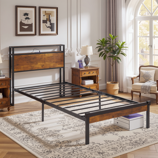 Sunvega Modern Metal Platform Bed Frame with Wooden Headboard and Footboard for Queen Size