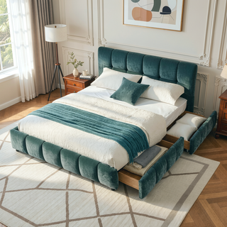 Sunvega Modern King Size Upholstered Bed with Storage Drawers and Soft Chenille Fabric