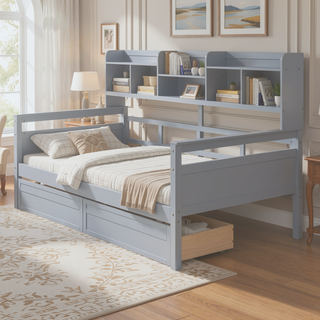 Sunvega Twin Size Daybed with Wood Slat Support, Bedside Shelf, and Two Drawers