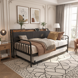 Sunvega Twin Daybed with Trundle Farmhouse Frame Sliding Barn Door Headboard Charging Station