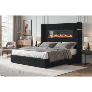 Sunvega Queen Size Upholstered Bed with Electric Fireplace and Bluetooth Speakers in Gray Velvet