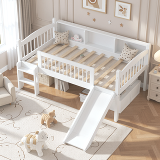 Sunvega Twin Loft Bed with Storage Shelves, LED Lights and Full Guardrails, Pink