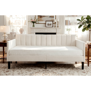 Sunvega Twin Size Beige Velvet Upholstered Daybed with Ribbed Tufted Backrest
