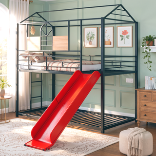 Sunvega Twin Over Twin Metal Bunk Bed With Slide And Playhouse Design In Three Colors