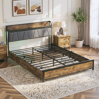 Sunvega Queen Size Storage Bed Frame with Charging Station and RGB LED Lights