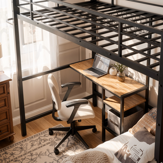 Sunvega Twin Over Twin Metal Bunk Bed with L-Shaped Desk Station and Storage Shelves