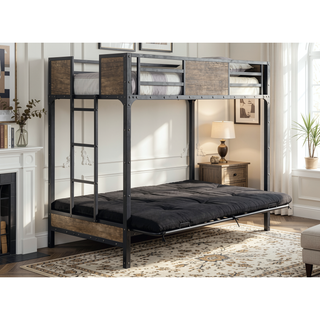 Sunvega Industrial Twin Over Futon Bunk Bed With Metal Frame and Wood Panels
