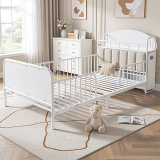 Sunvega Kids Full Metal Bed with Upholstered Headboard LED Lights and Storage
