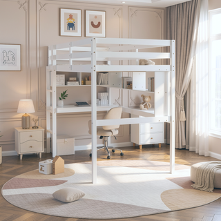 Sunvega Twin Size Loft Bed with Desk, Shelves, Safety Guardrail and Ladder in White