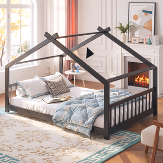 Sunvega Full Size Playhouse Design Wood Bed with Roof for Kids Room