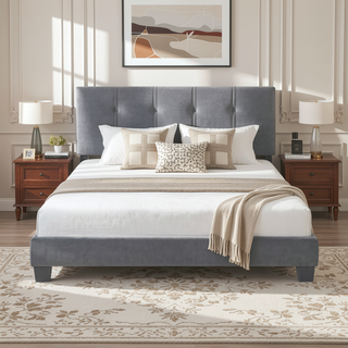Sunvega Light Brown Velvet Upholstered Queen Platform Bed with Adjustable Height Headboard