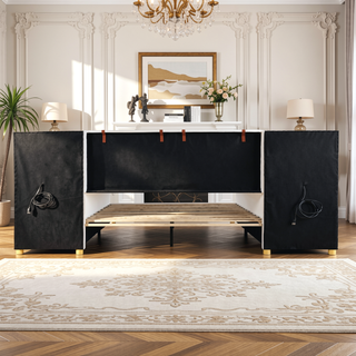 Sunvega Queen Size Upholstered Velvet Platform Bed with USB Charging Ports and Storage Shelves
