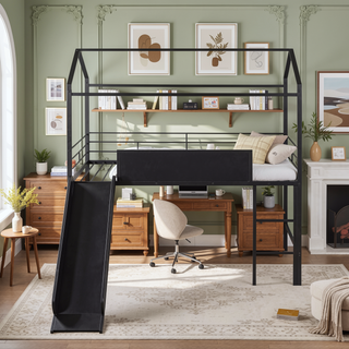 Sunvega Twin Size Metal Loft Bed with Slide and Two-Sided Writable Wooden Board