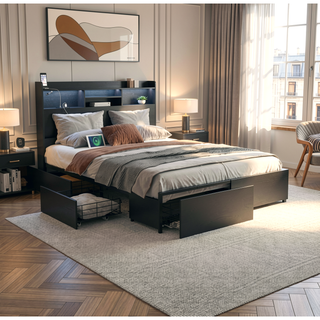 Sunvega Queen Storage Bed Frame with Headboard Charging Station and 4 Drawers