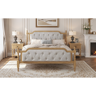 Sunvega French Provincial Style Solid Wood Bed Frame with Tufted Headboard