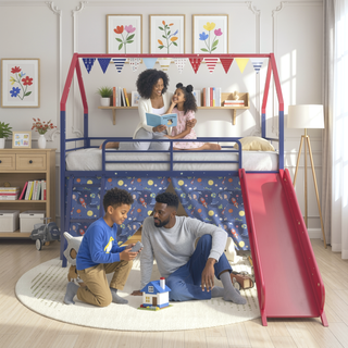 Sunvega Marvel Superhero Metal Twin Loft Bed with Slide and Curtain Set