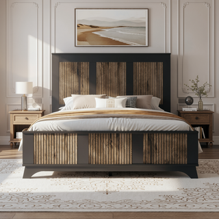 Sunvega White Farmhouse Queen Platform Bed with Wooden Strip Decoration and Plywood Slats