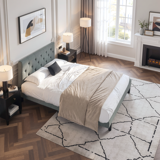 Sunvega Modern Upholstered Platform Bed Frame with Button Tufted Linen Headboard