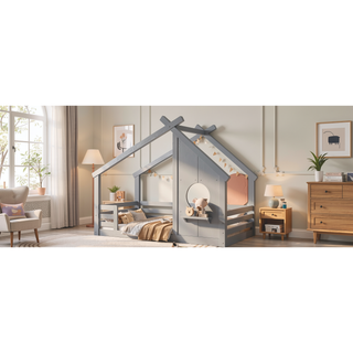 Sunvega White Twin House Floor Bed with Window and Shelf for Kids Room