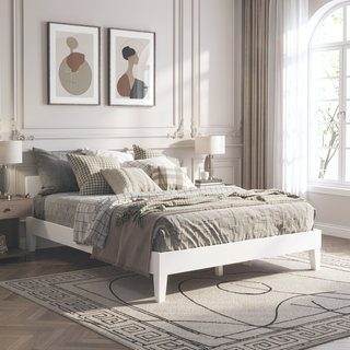 Sunvega Queen Platform Bed in White Crafted from Solid Pine with 28-Slat Support