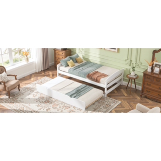 Sunvega White Twin Size Platform Bed with Trundle and Headboard Footboard