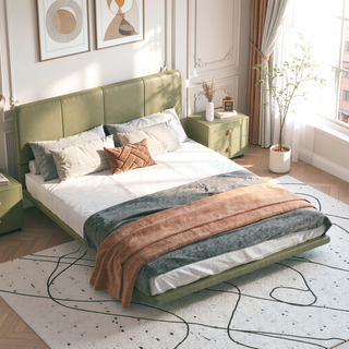 Sunvega Floating Bed Frame with Modern PU Leather Upholstery and Remote LED Lights Queen Size