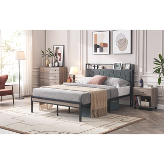 Sunvega Full Size Metal Platform Bed Frame with Upholstery Storage Headboard and Footboard