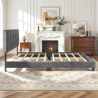 Sunvega Light Brown Velvet Upholstered Queen Platform Bed with Adjustable Height Headboard