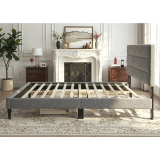 Sunvega Queen Upholstered Pleated Bed in a Box with Sturdy Dark Brown Frame