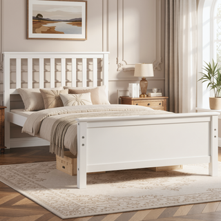 Sunvega White Twin Size Wood Platform Bed with Headboard and Sturdy Wood Slat Support