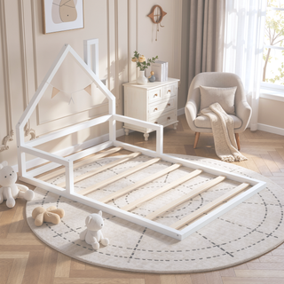 Sunvega Natural Wood Floor Bed with House-Shaped Headboard for Kids Room