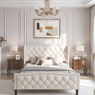 Sunvega Modern Upholstered Queen Size Platform Bed with Wingback Headboard and Wood Slat Support