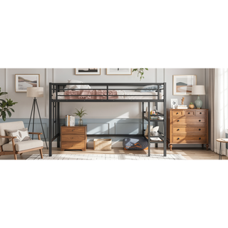 Sunvega Twin Size Metal Loft Bed with Storage Shelf and Safety Guardrails for Kids