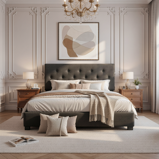 Sunvega Modern Upholstered Platform Bed Frame with Button Tufted Linen Headboard