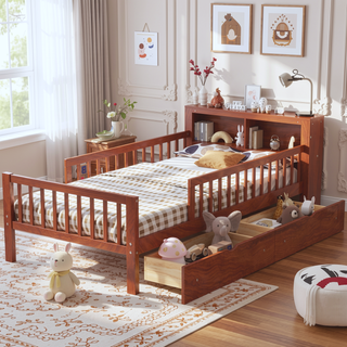 Sunvega Twin Size Bed with Headboard Storage, Two Under-Bed Drawers, and Three-Side Guardrails