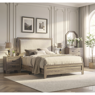 Sunvega Brown Cherry Finish Contemporary Fabric Panel Bed in One Box