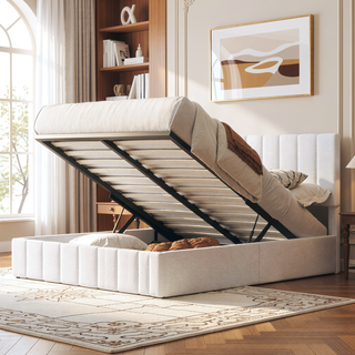 Sunvega Upholstered Platform Bed with Hydraulic Storage System in White Linen
