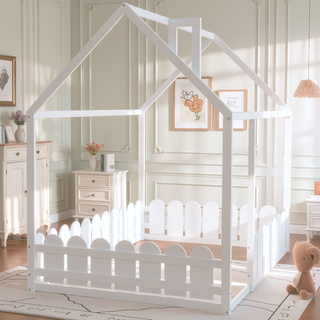 Sunvega Full Size Wood Playhouse Bed Frame with Fence for Kids and Teens