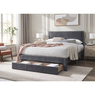 Sunvega Modern Charcoal Corduroy Upholstered Full Size Bed with Storage Drawer