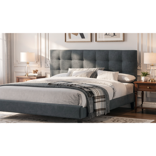 Sunvega Modern Light Gray Upholstered Tufted Headboard California King Platform Bed