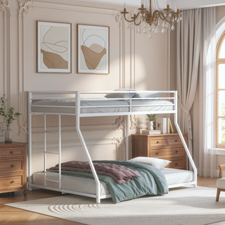 Sunvega Twin Over Full Low Bunk Bed with Reversible Ladder in Matte White Finish