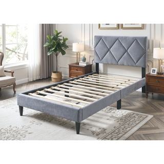 Sunvega Modern Grey Velvet Tufted Headboard Twin Size Youth Bed Frame