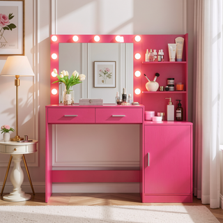 Sunvega Black 46.4 Inch Vanity Desk with Mirror Lights and Large Drawers